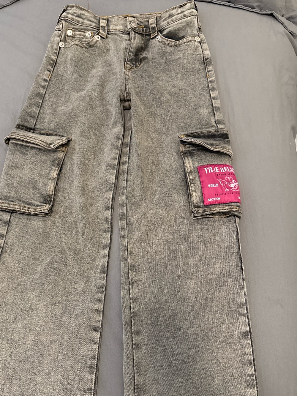 Girl’s True Religion Washed Gray Cargo Wide-Leg Jeans with Utility Pockets